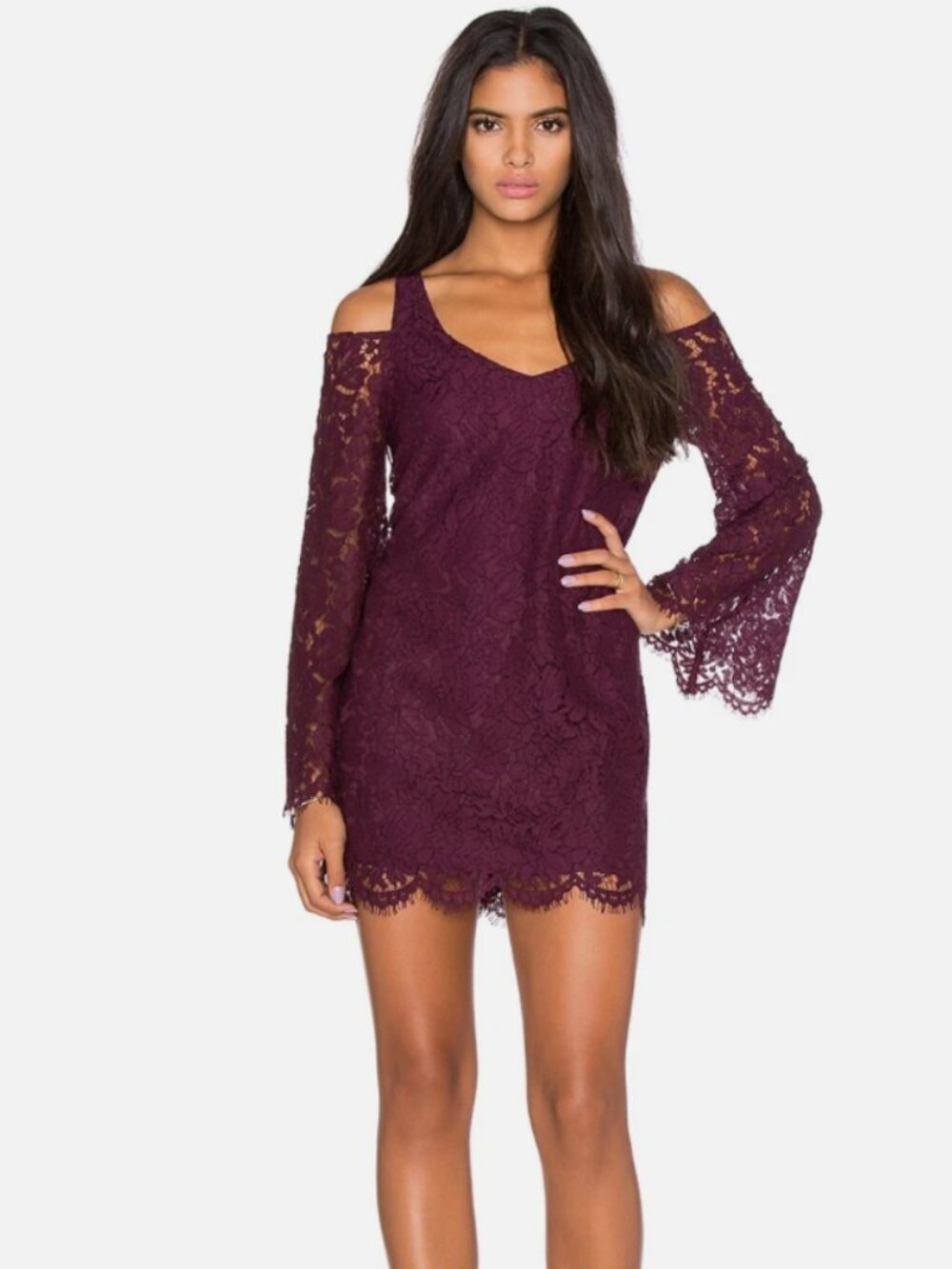 DEJA VU Purple Cold Shoulder Purple Bell Sleeve Dress Women's Size Large